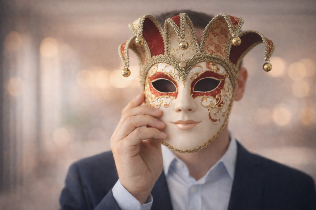 EMDR therapy for imposter syndrome in London – person holding coral mask symbolising hidden identity and self-doubt